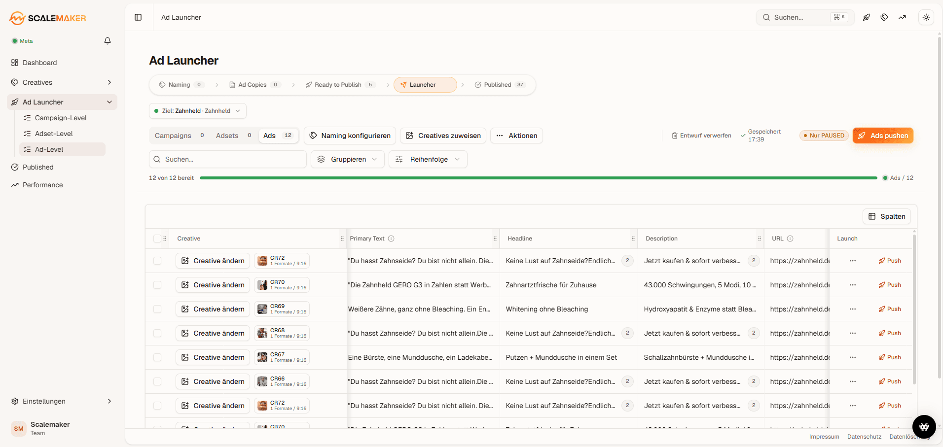 Bulk Ads Launcher mit Zahnheld-Anzeigen.
